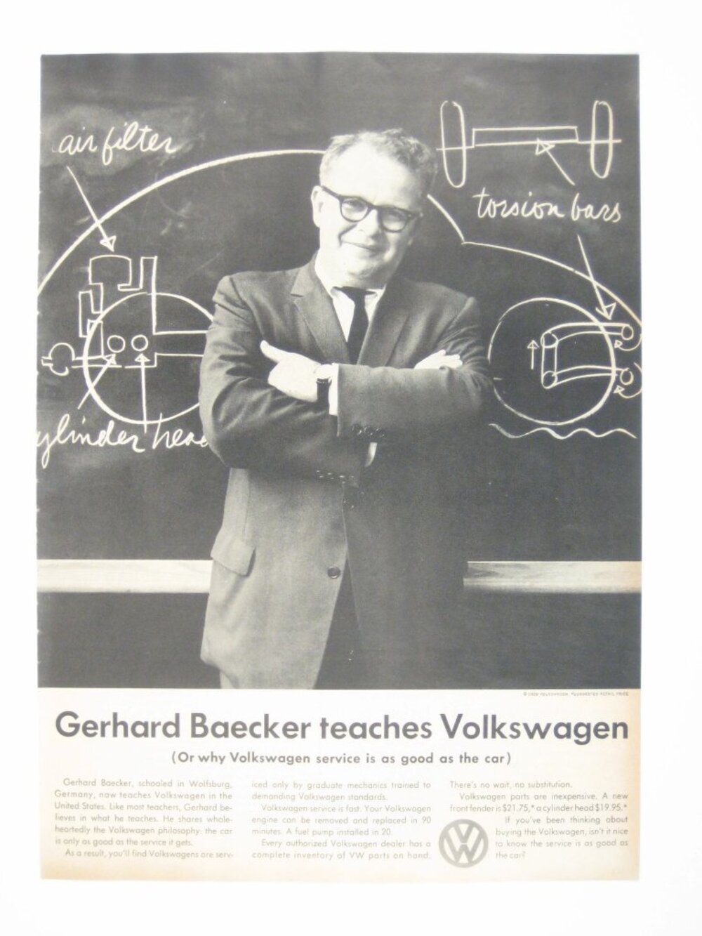 Vintage Volkswagen Print Ad 1950 Gerhard Baecker Teaches Beatle VW Car Auto